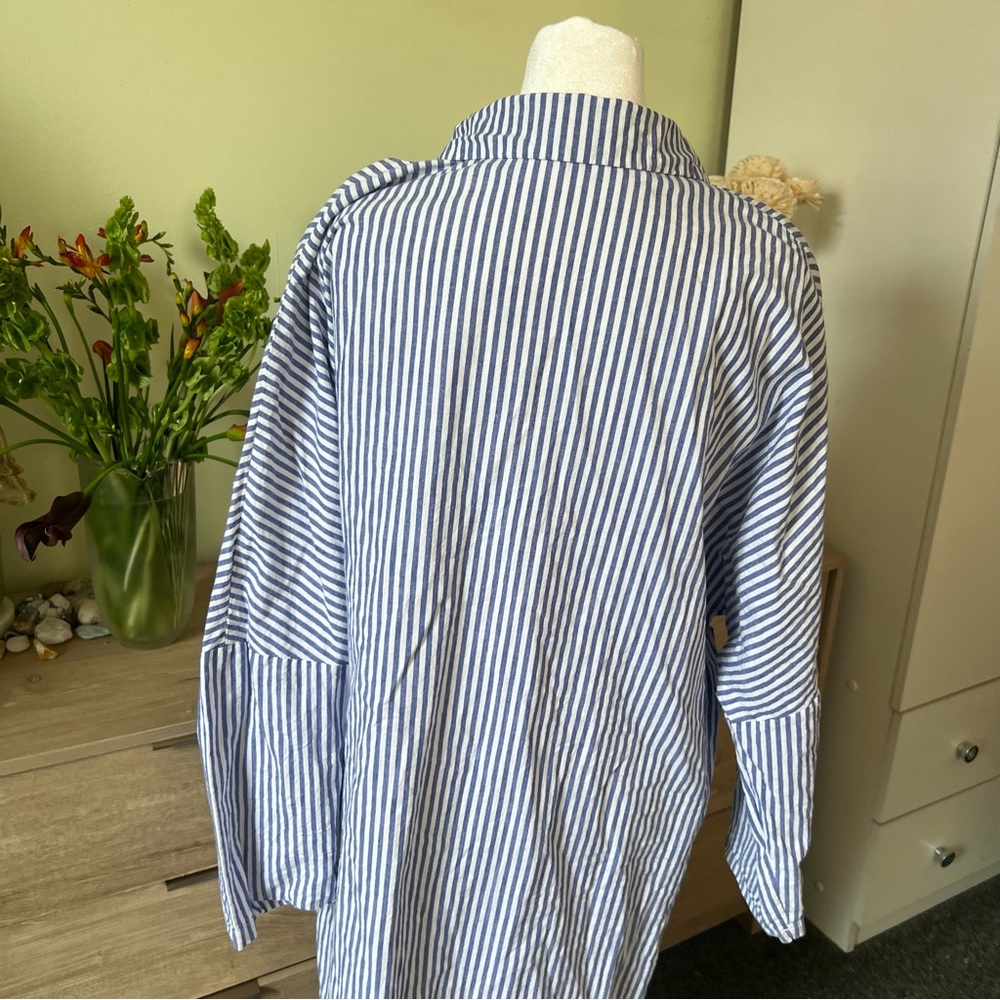 Blue & White Stripe Button Down Drop Shoulder Gauzy Airy Flowy Beach Midi Dress - Picture 8 of 15